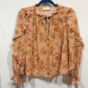 Ulla Johnson Tan Floral Manet Ruffle Detail Blouse Sz 2-Cottagecore Romantic